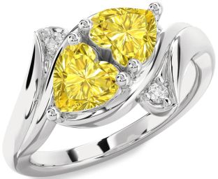 Yellow Diamond Silver Two Heart Ring
