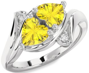 Diamond Yellow Sapphire Silver Two Heart Ring