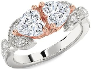 Diamond Silver & 10K Rose Gold Two Heart Ring