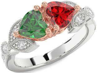 Diamond Emerald Silver & 10K Rose Gold Two Heart Birthstone Ring