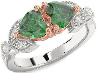 Diamond Emerald Platinum & Rose Gold Two Heart Birthstone Ring