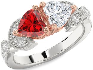 Diamond Emerald Platinum & Rose Gold Two Heart Birthstone Ring