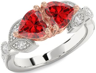 Diamond Emerald White Rose Gold Two Heart Birthstone Ring