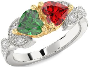 Diamond Emerald Silver & 10K gold Two Heart Birthstone Ring