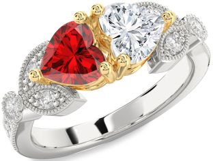 Diamond Emerald Platinum & Yellow Gold Two Heart Birthstone Ring