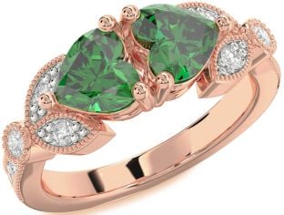 Diamond Emerald Rose Gold Two Heart Birthstone Ring