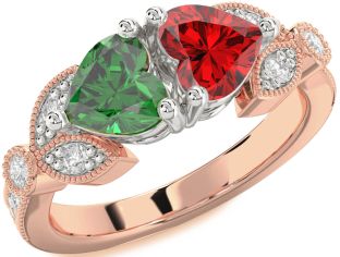 Diamond Emerald Rose Gold Silver Two Heart Birthstone Ring