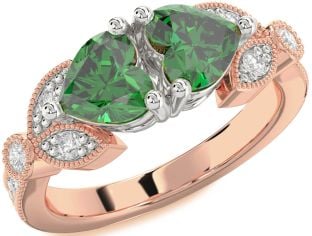 Diamond Emerald Platinum & Rose Gold Two Heart Birthstone Ring