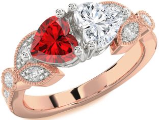 Diamond Emerald Platinum & Rose Gold Two Heart Birthstone Ring