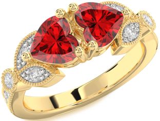 Diamond Emerald Gold Two Heart Birthstone Ring