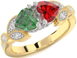 Diamond Emerald White Yellow Gold Two Heart Birthstone Ring