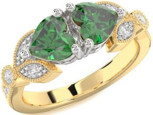 Diamond Emerald Platinum & Yellow Gold Two Heart Birthstone Ring