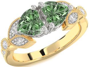 Green Diamond Gold Silver Two Heart Ring