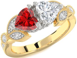 Diamond Emerald Platinum & Yellow Gold Two Heart Birthstone Ring