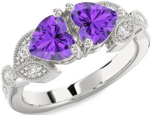 Diamond Emerald Silver Two Heart Birthstone Ring