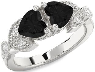 Black Diamond Silver Two Heart Ring