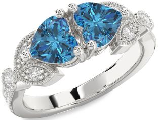 Blue Diamond Silver Two Heart Ring
