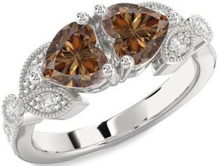 Chocolate Brown Diamond Silver Two Heart Ring