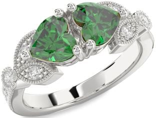 Diamond Emerald Silver Two Heart Birthstone Ring
