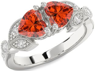 Diamond Emerald Silver Two Heart Birthstone Ring