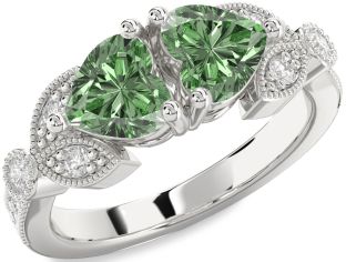 Green Diamond Silver Two Heart Ring