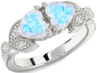 Diamond Emerald Silver Two Heart Birthstone Ring