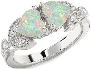 Diamond Emerald Silver Two Heart Birthstone Ring