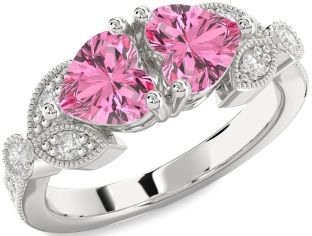 Diamond Pink Sapphire Silver Two Heart Ring