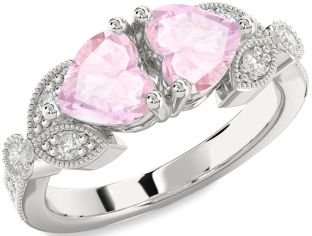 Diamond Rose Quartz Silver Two Heart Ring