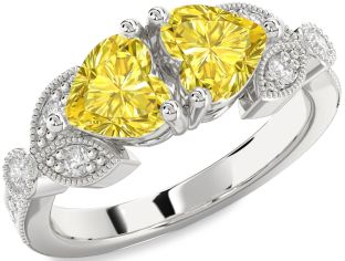 Yellow Diamond Silver Two Heart Ring