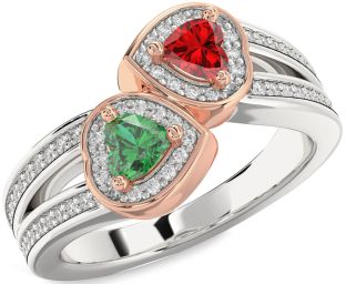 Diamond Emerald Silver & 10K Rose Gold Two Heart Birthstone Ring