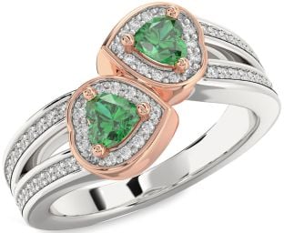 Diamond Emerald Platinum & Rose Gold Two Heart Birthstone Ring