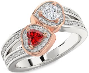 Diamond Emerald Platinum & Rose Gold Two Heart Birthstone Ring