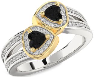 Black Diamond Gold Silver Two Heart Ring
