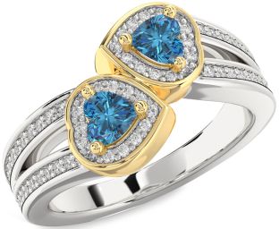 Blue Diamond Gold Silver Two Heart Ring