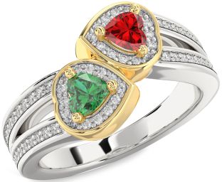 Diamond Emerald Silver & 10K gold Two Heart Birthstone Ring