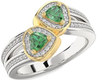 Diamond Emerald Platinum & Yellow Gold Two Heart Birthstone Ring