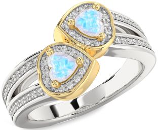 Diamond Moonstone Gold Silver Two Heart Ring