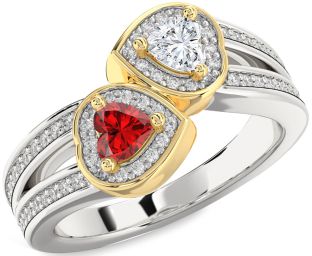 Diamond Emerald Platinum & Yellow Gold Two Heart Birthstone Ring