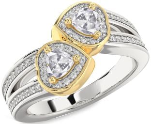 Salt & Pepper Diamond Gold Silver Two Heart Ring