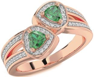 Diamond Emerald Rose Gold Two Heart Birthstone Ring