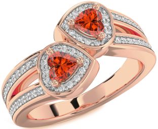 Diamond Fire Opal Rose Gold Two Heart Ring