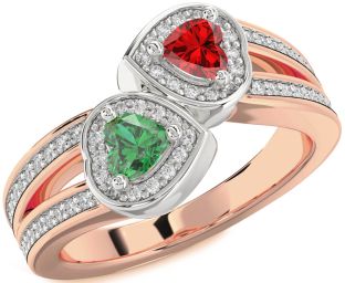 Diamond Emerald Platinum & Rose Gold Two Heart Birthstone Ring