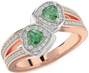 Diamond Emerald Platinum & Rose Gold Two Heart Birthstone Ring