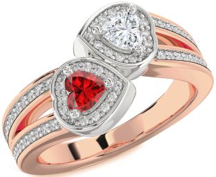 Diamond Emerald Platinum & Rose Gold Two Heart Birthstone Ring