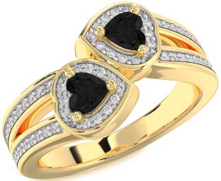 Black Diamond Gold Silver Two Heart Ring