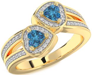 Blue Diamond Gold Silver Two Heart Ring