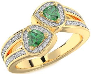Diamond Emerald Gold Two Heart Birthstone Ring