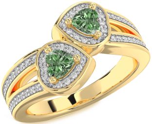 Green Diamond Gold Silver Two Heart Ring