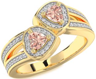Diamond Morganite Gold Silver Two Heart Ring